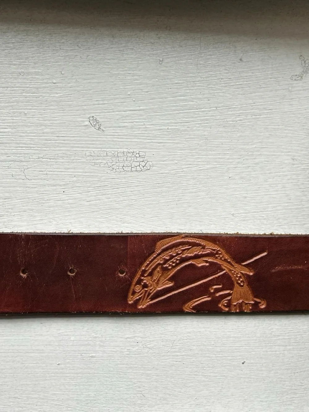 Vintage Brown Belt Fish Embossed Leather Silver CarTech Buckle